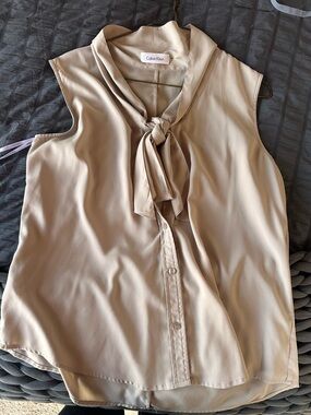 Calvin Klein Sleeveless Tie-Neck Blouse in Light Beige